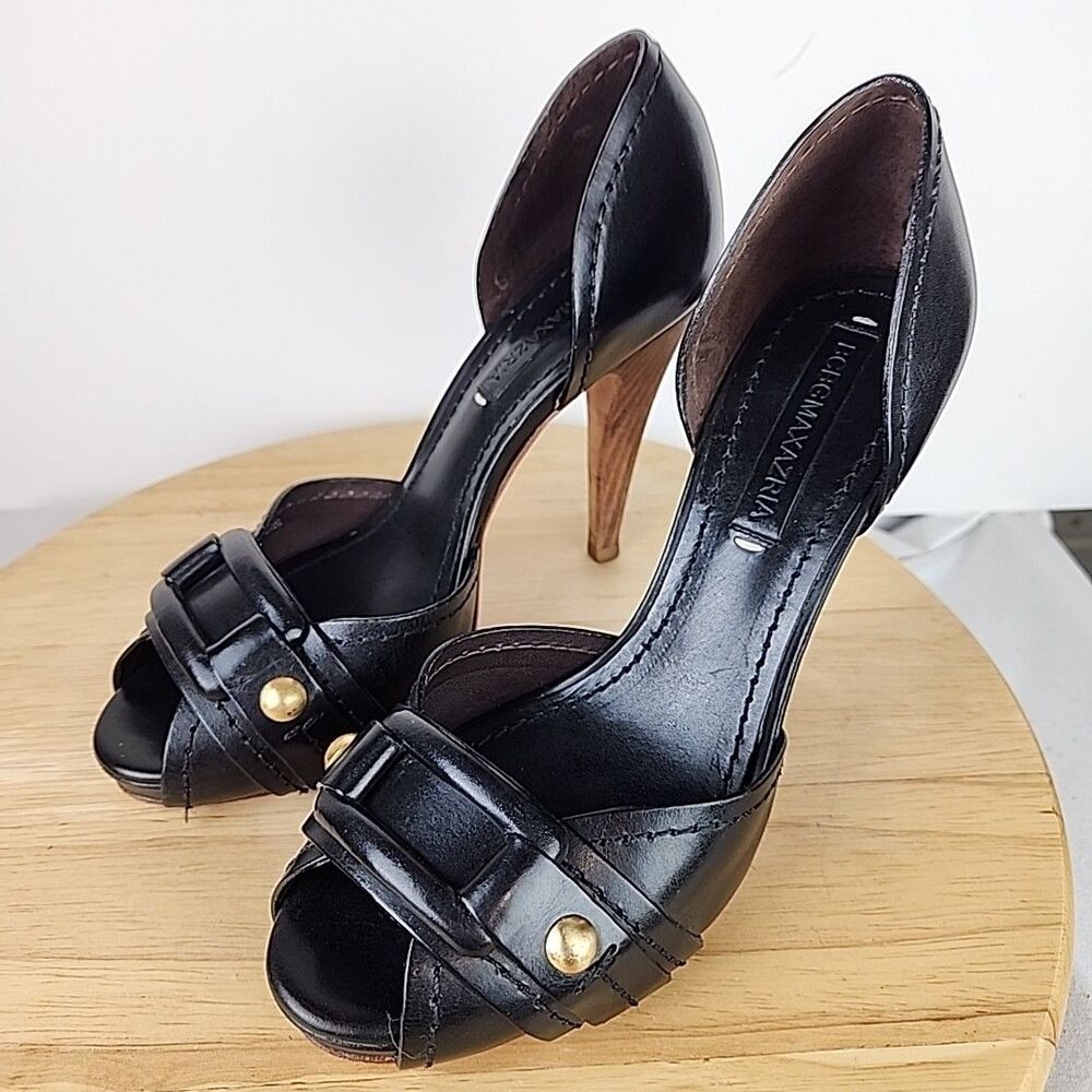 BCBG MAX AZRIA Black Leather D’Orsay Buckle Open Toe Pumps Heels Size 6 B